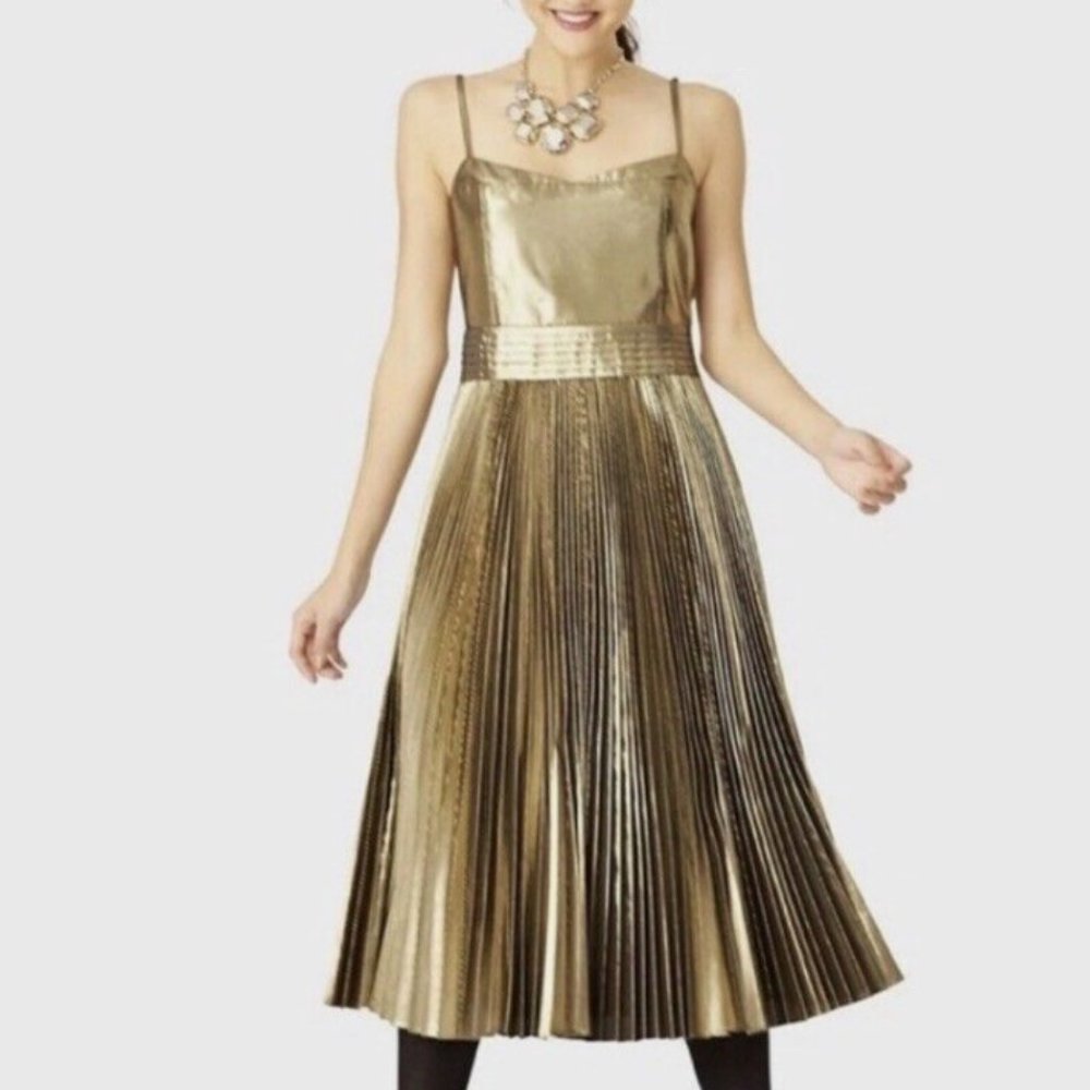Kate Spade Saturday Gold Metallic Pleated Dress Lightbeam Formal Gown Sz 2